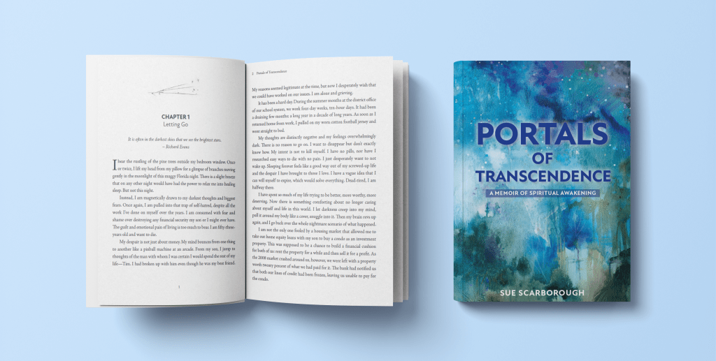 Portals of Transcendence book mockup turned to chapter 1 and the cover